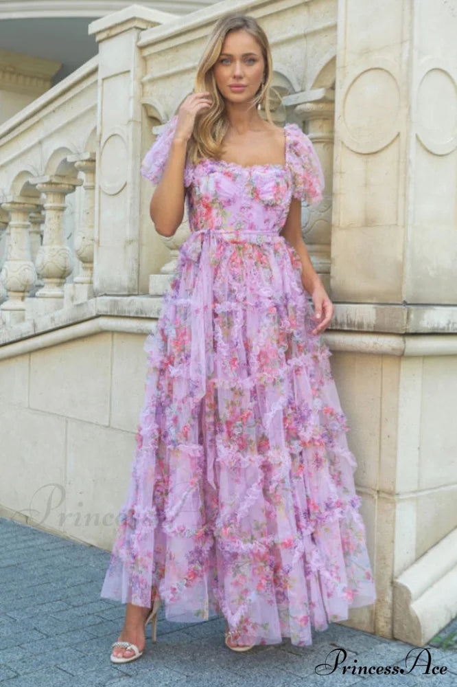 Floral Tulle Puff Sleeve Graceful Bow Tie Maxi Dress
