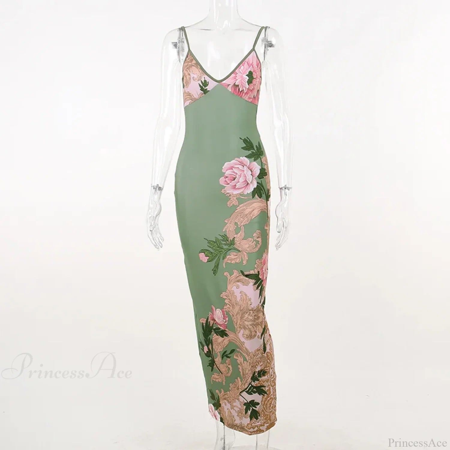 Floral V-neck Slim Maxi Floral Dress Green / XS floraldress-250126