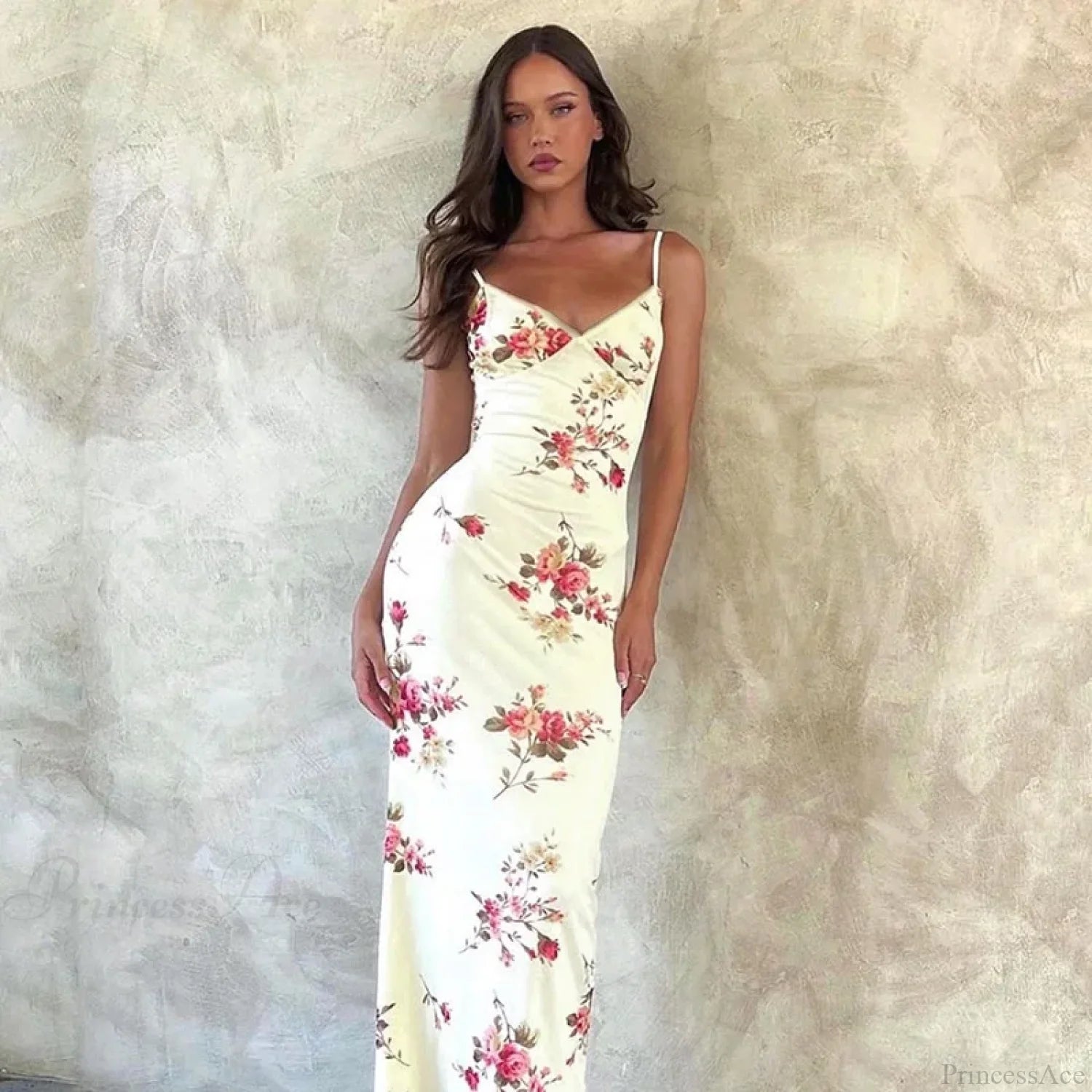 Floral V-neck Slim Maxi Floral Dress Pink / XS floraldress-250126