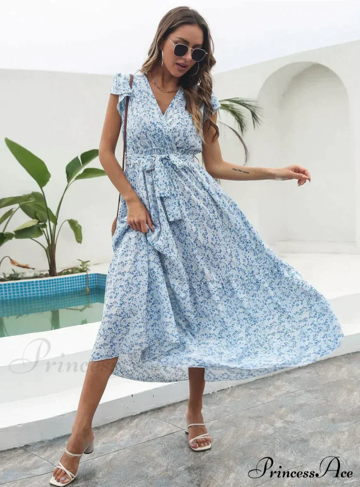 Flowered Brief Arm Chiffon V-Neck Patterned Dress M / Red Dresses