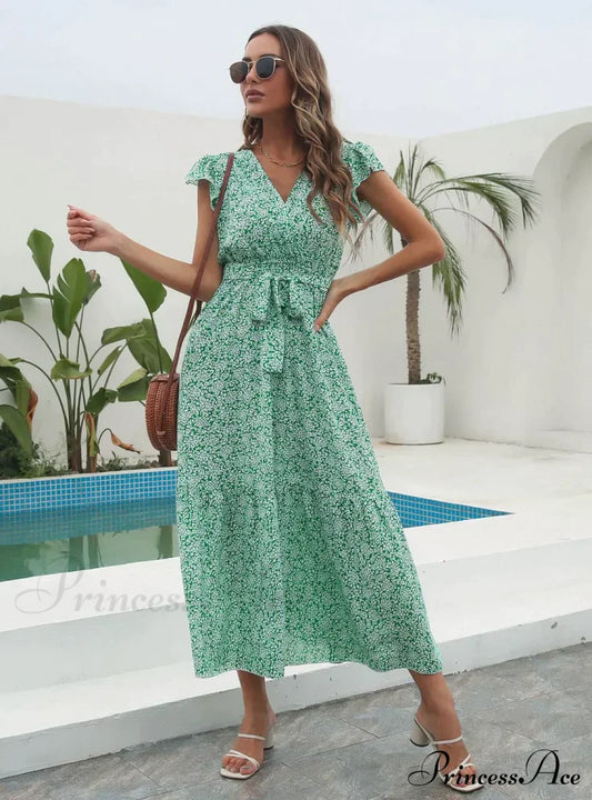 Flowered Brief Arm Chiffon V-Neck Patterned Dress S / Blue Dresses