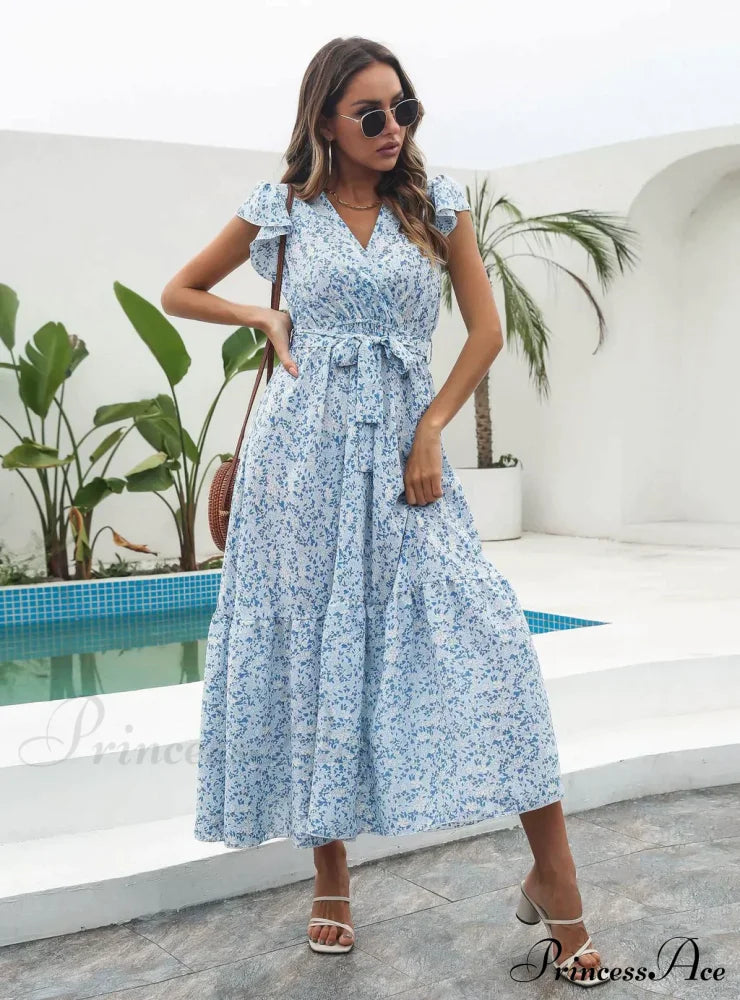 Flowered Brief Arm Chiffon V-Neck Patterned Dress S / Green Dresses