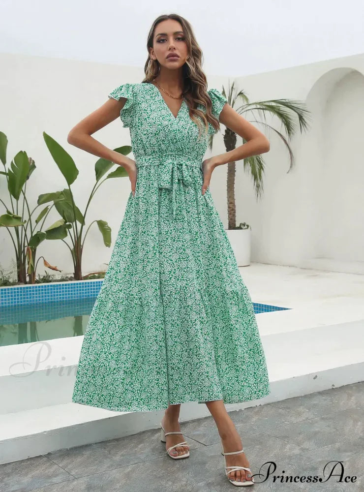 Flowered Brief Arm Chiffon V-Neck Patterned Dress S / Red Dresses