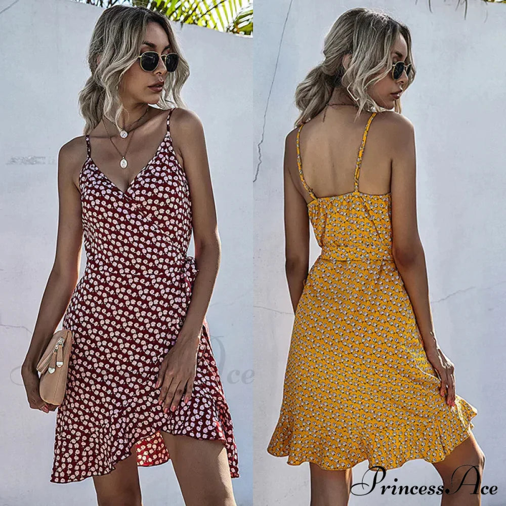 Fluffy Sling Gown Coastal Design With Detail M / Burgundy Print Dress