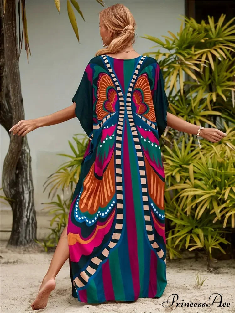 For Design Neck V Gown Butterfly Bat Arm Summer Summer Butterfly Print Dress