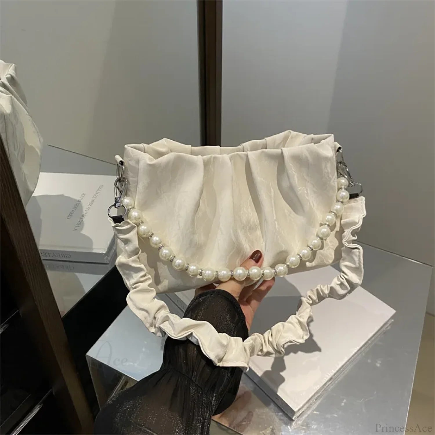 French Beaded Chain Pleated Underarm Crossbody Handbag handbag-250126