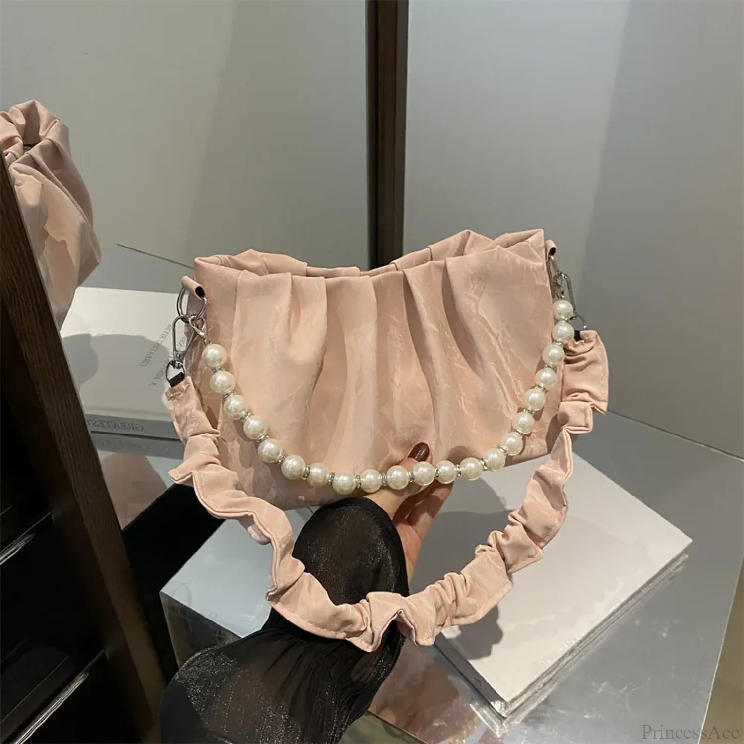 French Beaded Chain Pleated Underarm Crossbody Handbag handbag-250126