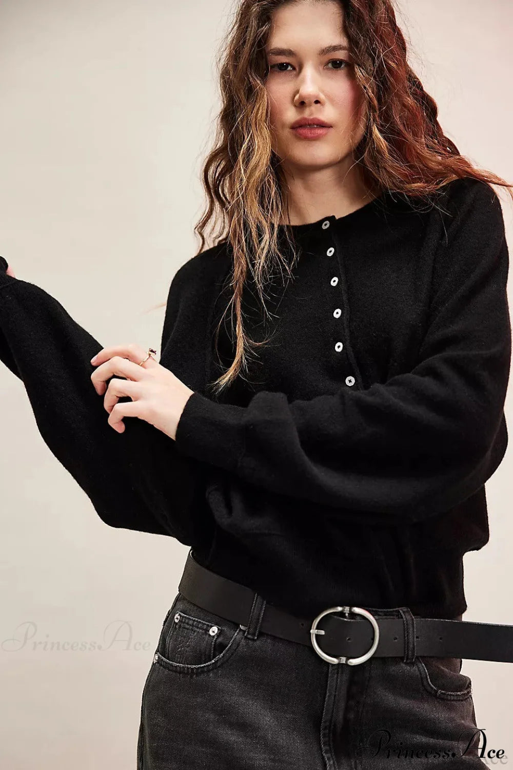 French Vintage Loose Long-Sleeve Knit Top Black / S