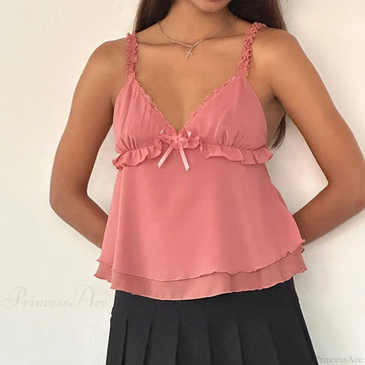 Frill Spaghetti Strap Chiffon Ruffled Crop Top Pink / S croptop-250126