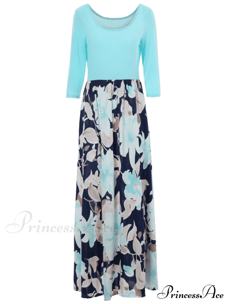 Full-Length With Design Flowered Gown U Neck M / Sky Blue Clothing