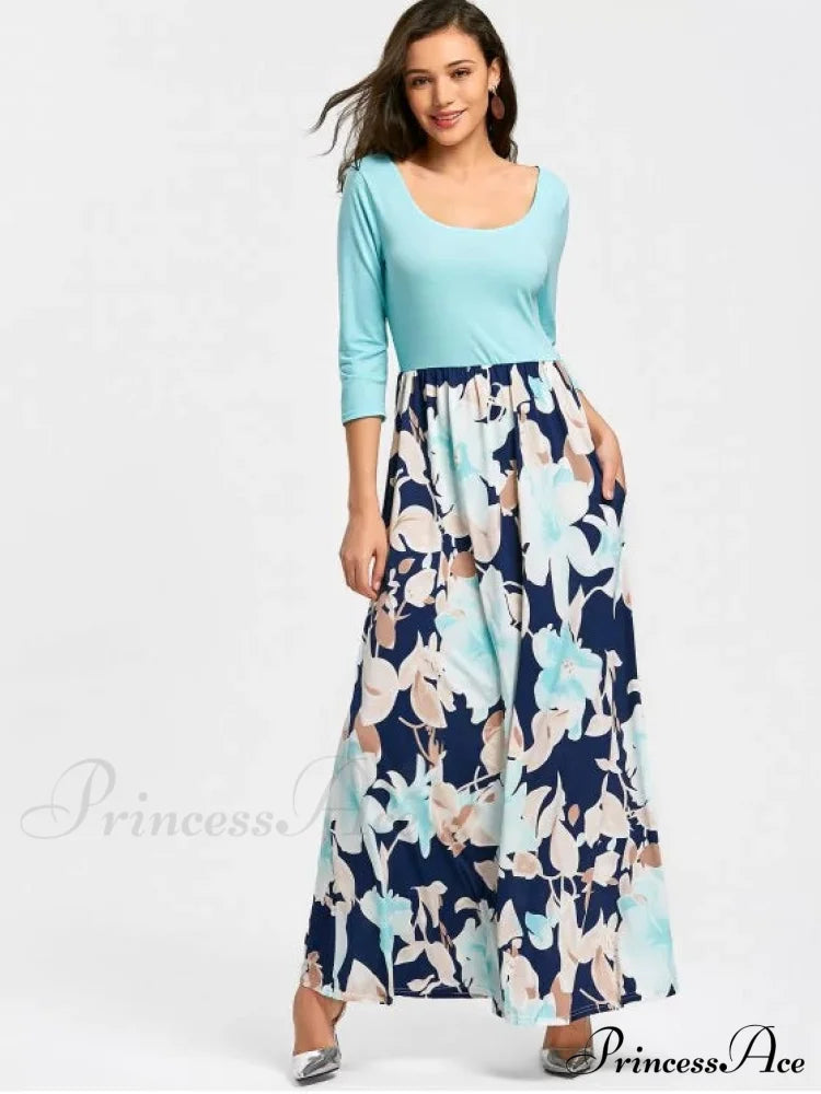 Full-Length With Design Flowered Gown U Neck S / Sky Blue Clothing