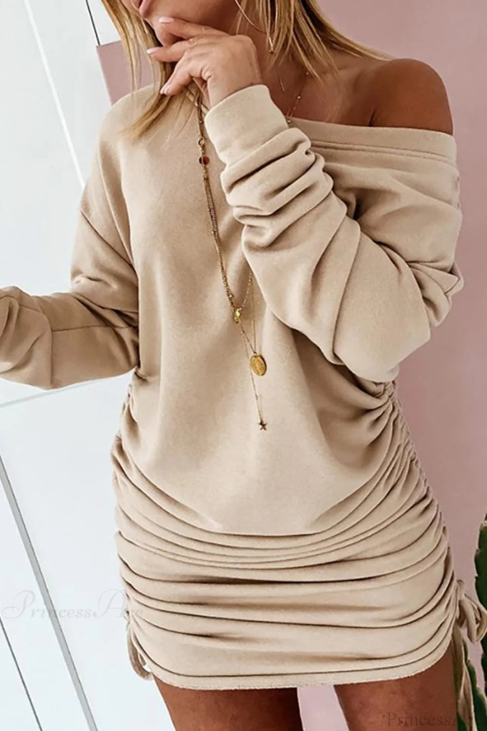Gathering Dress With Drop Shoulder And Drawstring Khaki / S Mini Dresses
