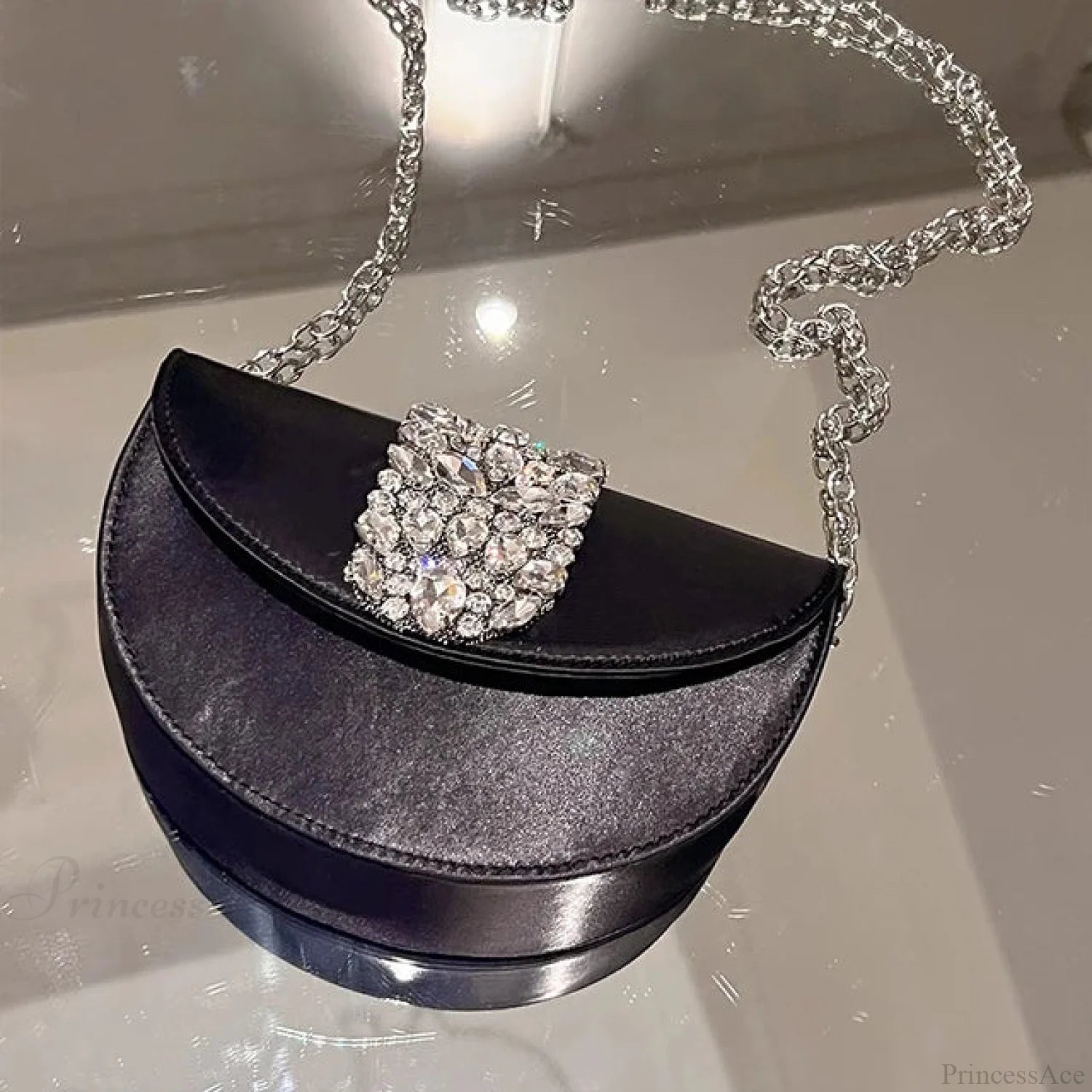 Glittering Crystal Satin Evening Clutch Wedding Purse Black 19cm clutchbag-250126