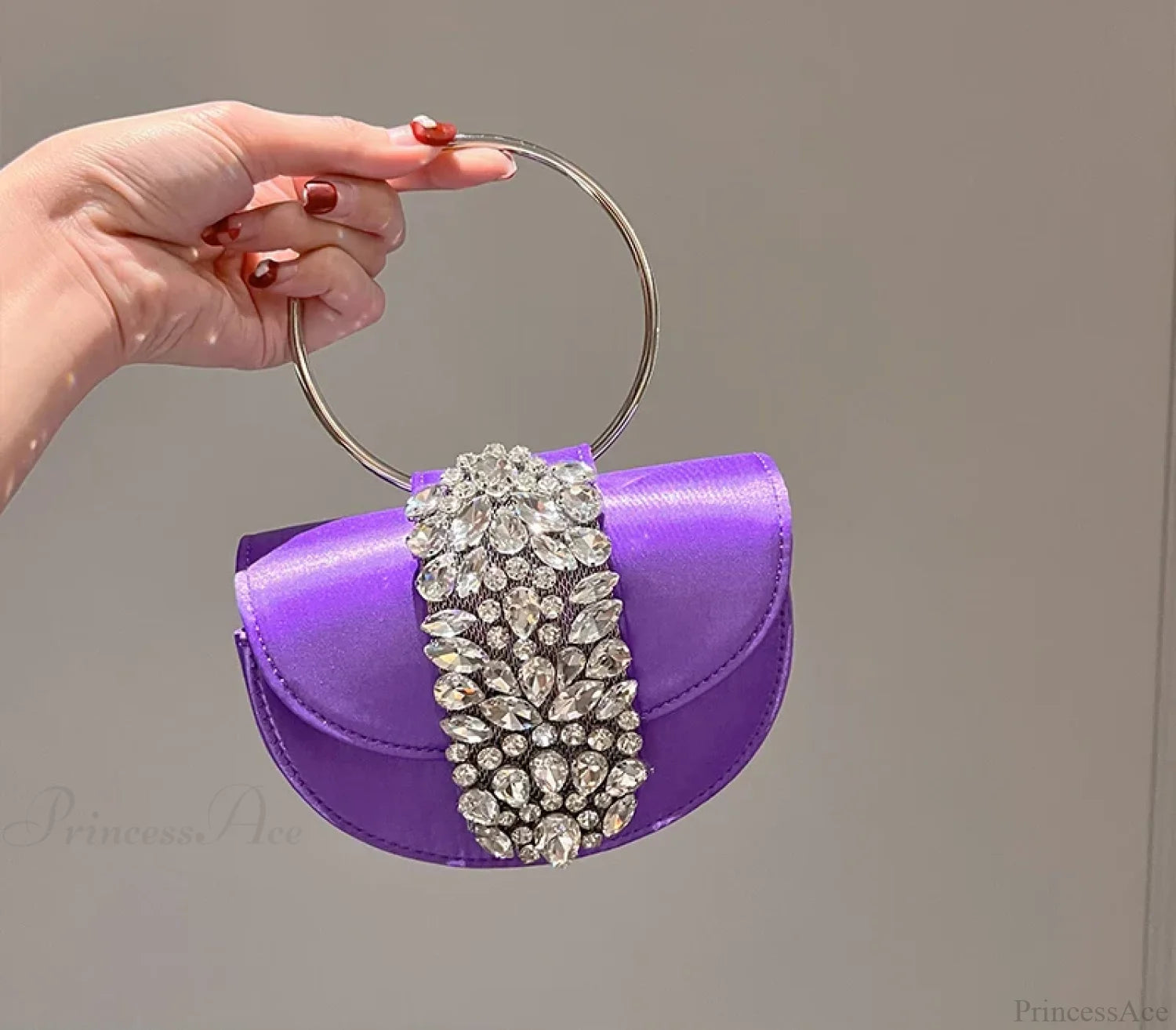 Glittering Crystal Satin Evening Clutch Wedding Purse Purple 16cm clutchbag-250126