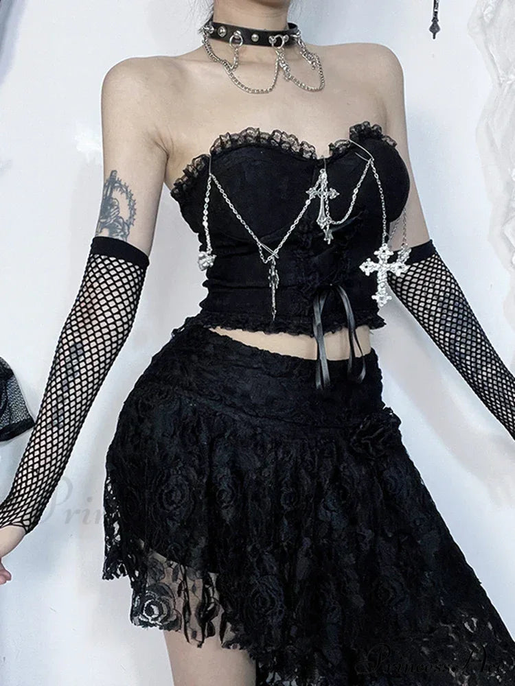 Gothic Dark Punk Harajuku Grunge Stylish Elegant Chic Trendy Lace-Up Crop Top