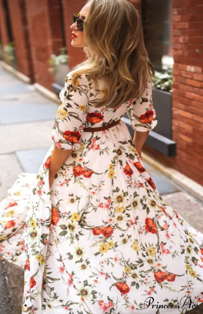 Gown Arm For Full-Length Elegant Long Women S / White Blue Floral Maxi Dress