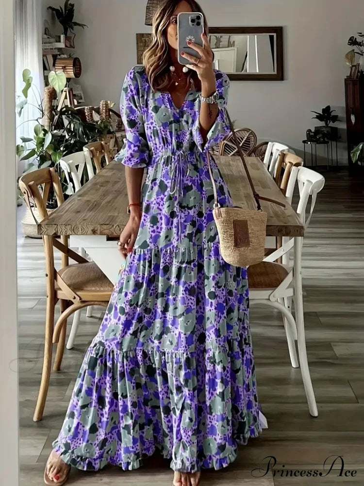 Gown Design Full-Length Waist Graphic With Slim V And Drawstring Neck S / Gray Maxi Dress