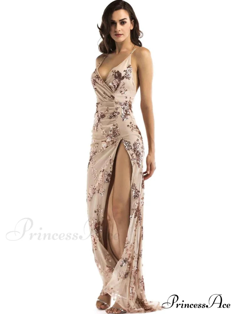 Gown Split-Side Evening With Embroidery M / Black Dresses