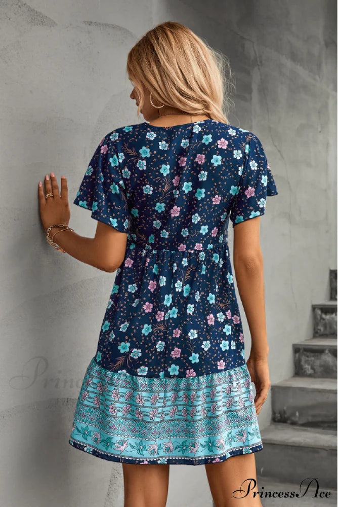 Gown V-Neck With Button Loose Flower Detail L / Navy Blue