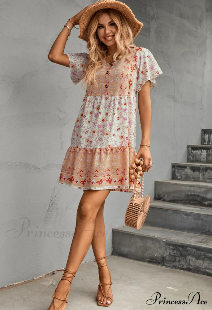 Gown V-Neck With Button Loose Flower Detail Xl / Navy Blue