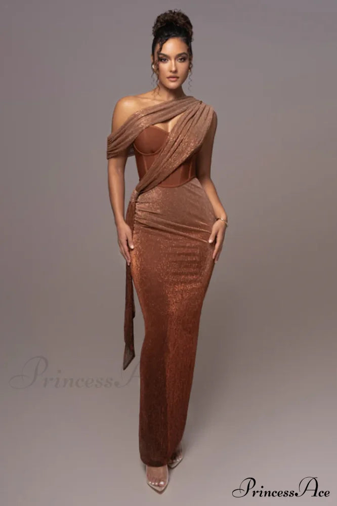 Green Celestina Stylish Draped Maxi Dress S / Coffee