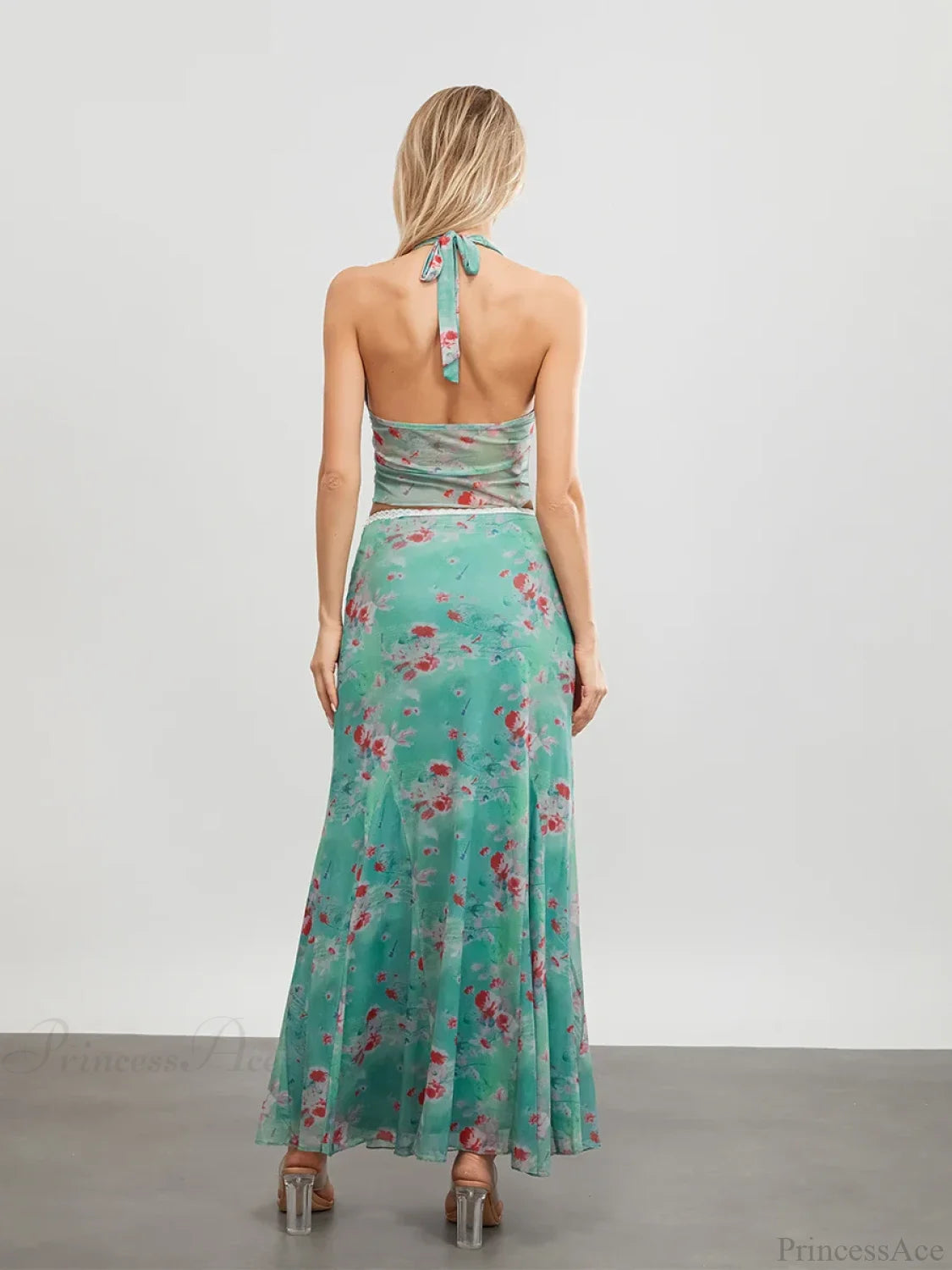 Green Floral Sleeveless Tie-up Halter Backless Long Floral Dress floraldress-250126
