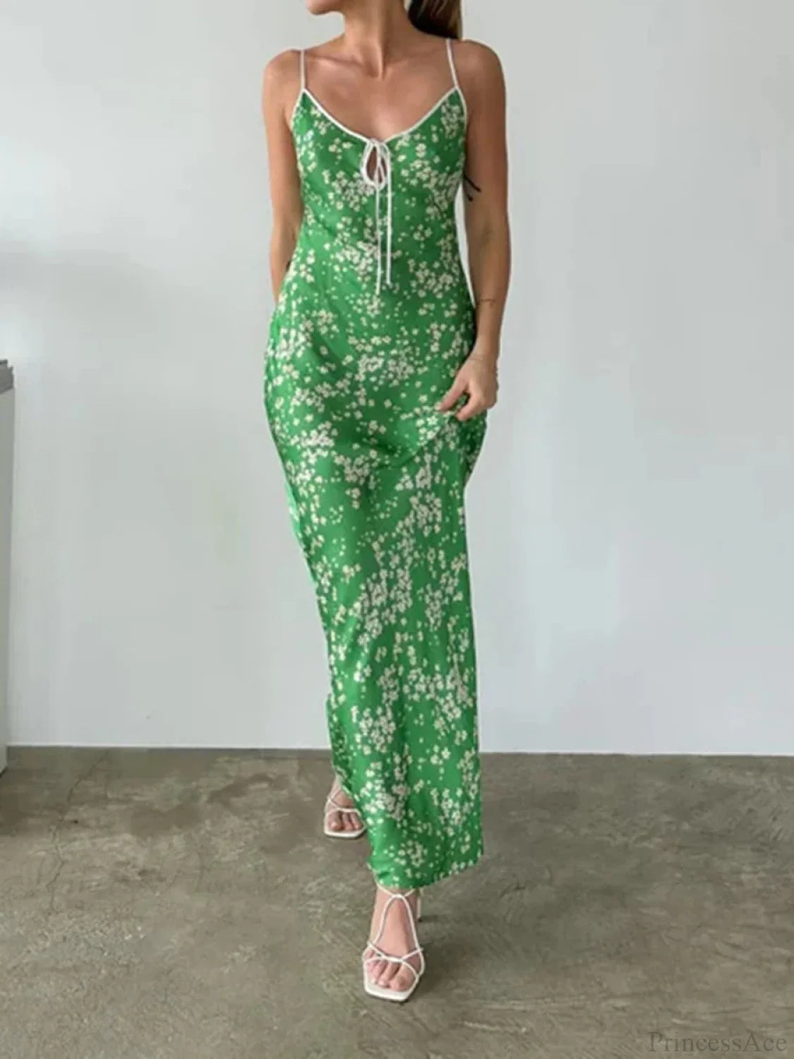 Green Flowers Print Beach Casual Boho Backless Spaghetti Sundress Green / S floraldress-250126