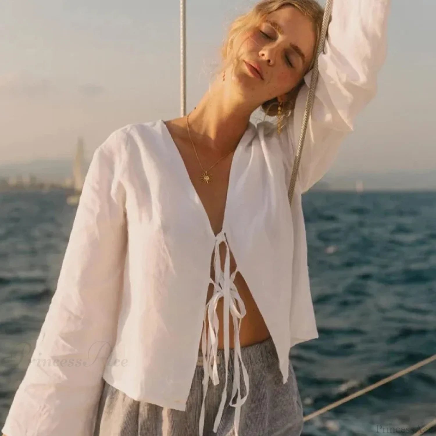 Green Linen Lace-Up Long Sleeve V-neck Blouse blouse-250126