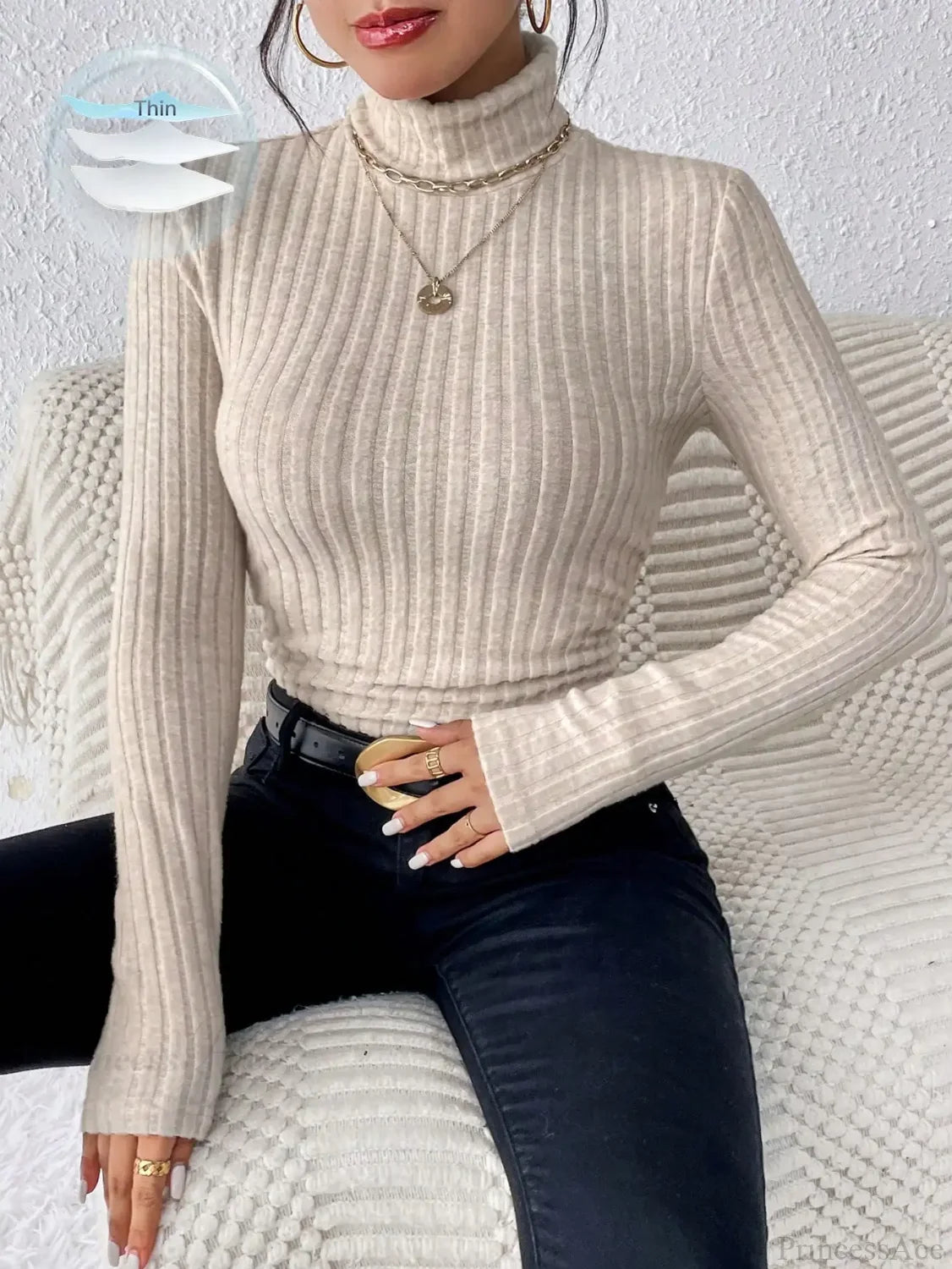 Half Turtleneck Sweater Slim Long Sleeve Knit Top Women apricot / XS knittop-250126