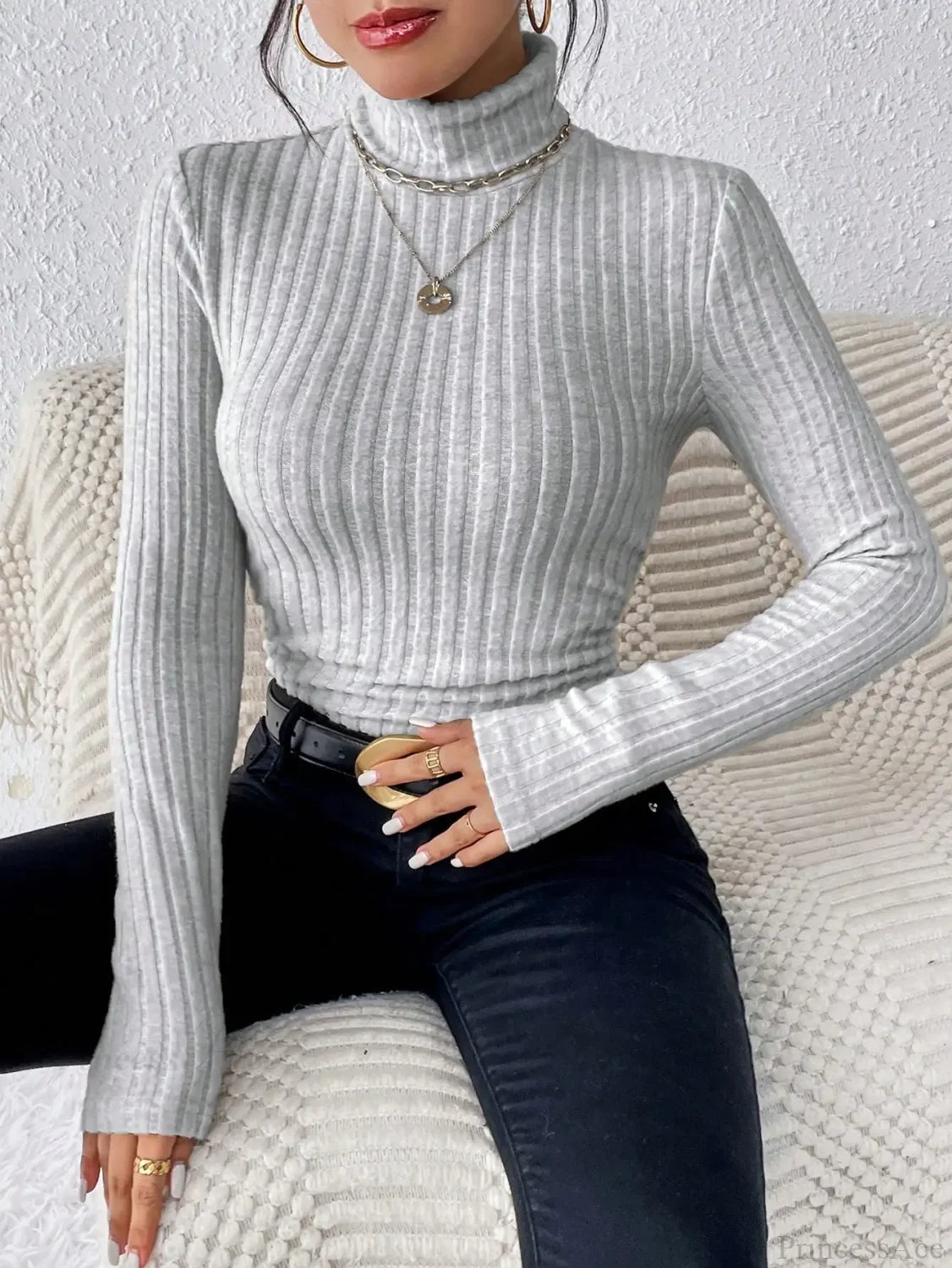 Half Turtleneck Sweater Slim Long Sleeve Knit Top Women gray / XS knittop-250126