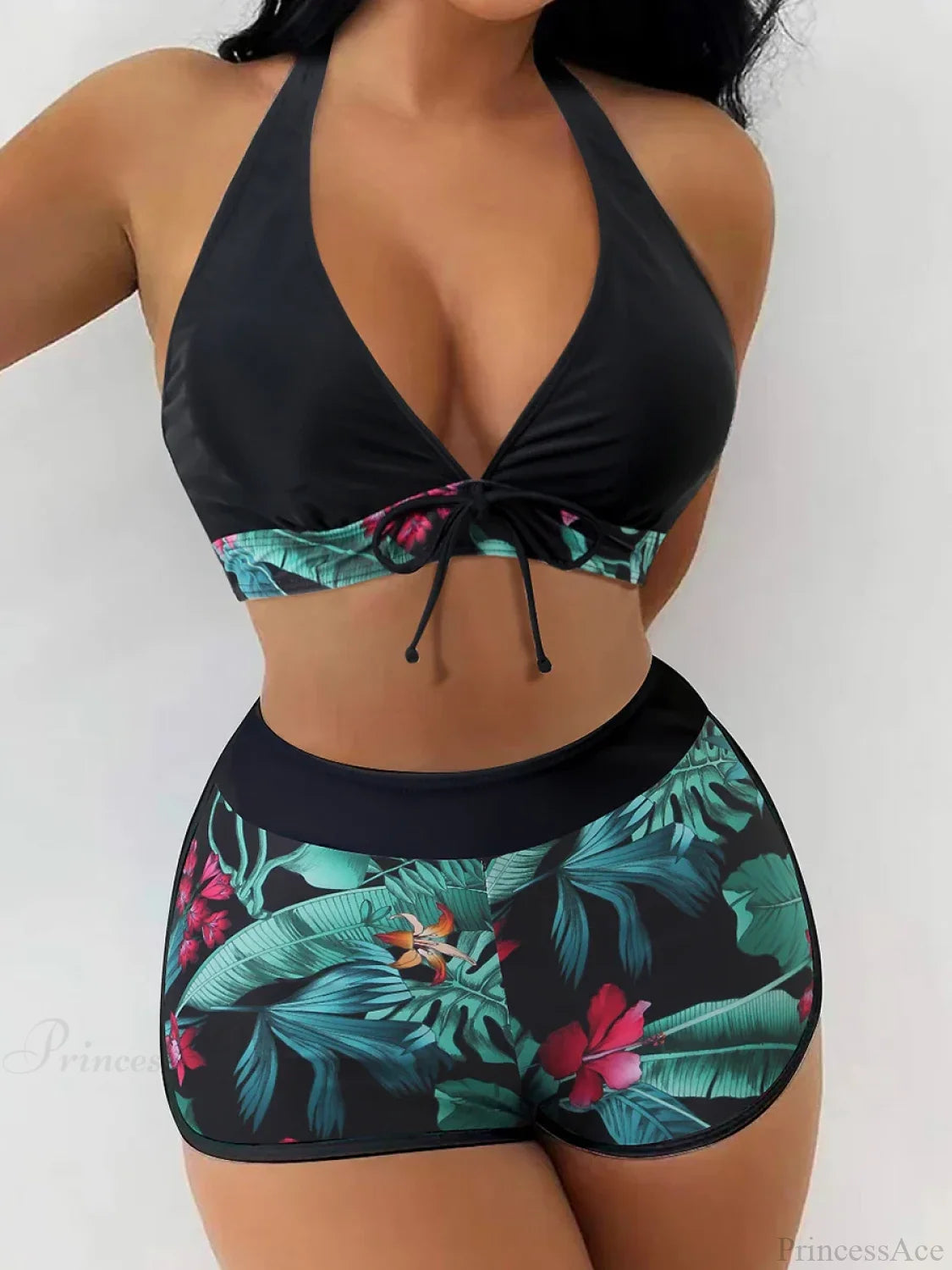 Halter Print Shorts Bikini Two Piece Set black1 / S