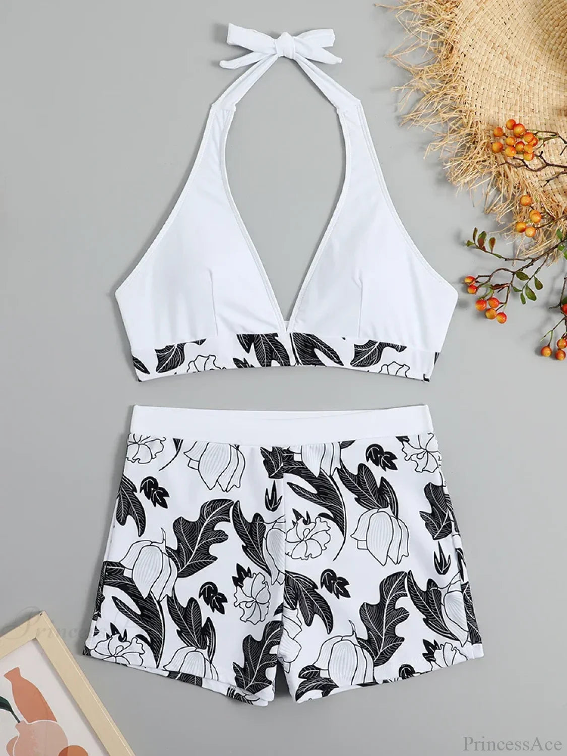 Halter Print Shorts Bikini Two Piece Set White / S