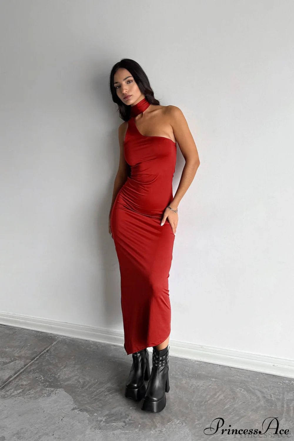 Halter Ruched Bodycon Elegant Maxi Dress Red / S