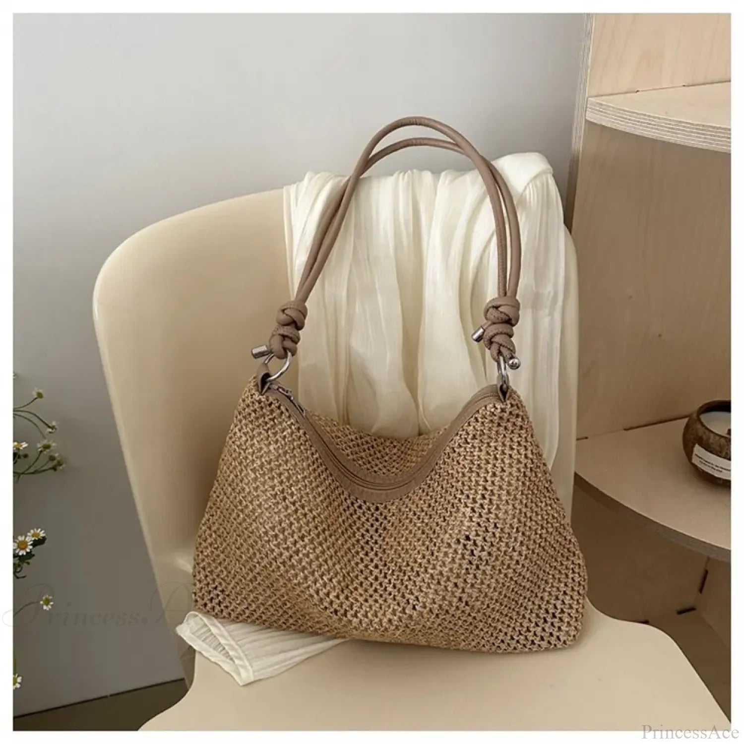 Handmade Braid Straw Beach Shoulder Bag khaki shoulder-250126