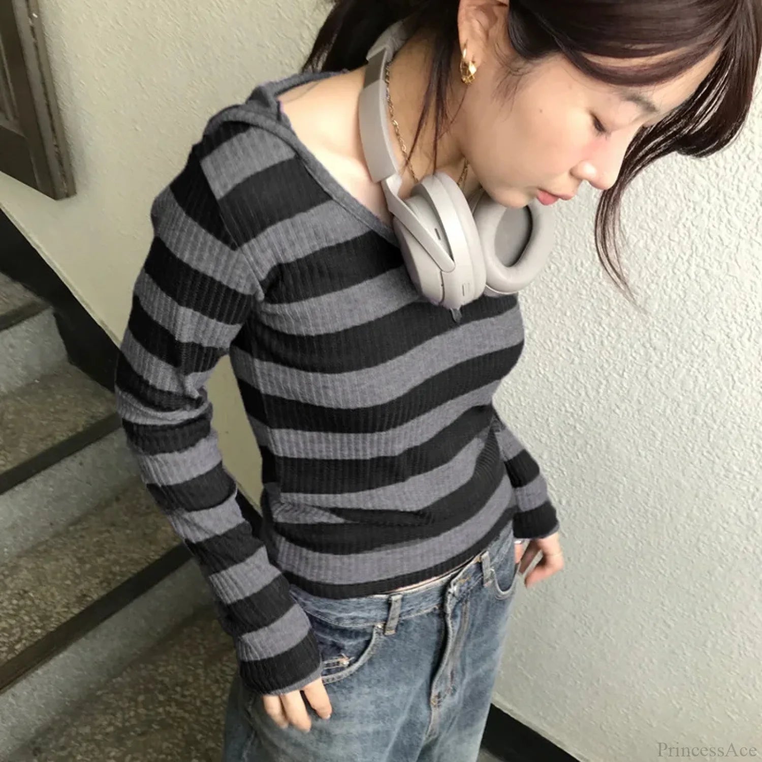 Harajuku Stripe Hooded Slim Contrast Color Long Sleeve Knit Top knittop-250126