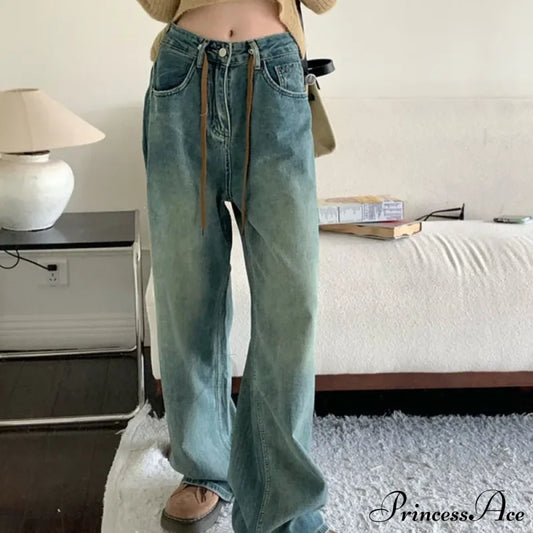 Harajuku Trend Japanese Style High-Waisted Straight New Autumn Leg Fashion Jean Blue / S