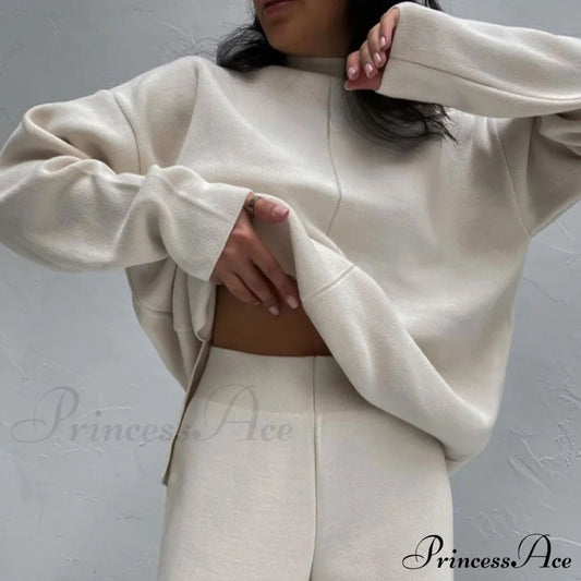 High Neck Long Sleeve Side Classic Split Cutout Mini Dress - Black M / Beige Matching Sets