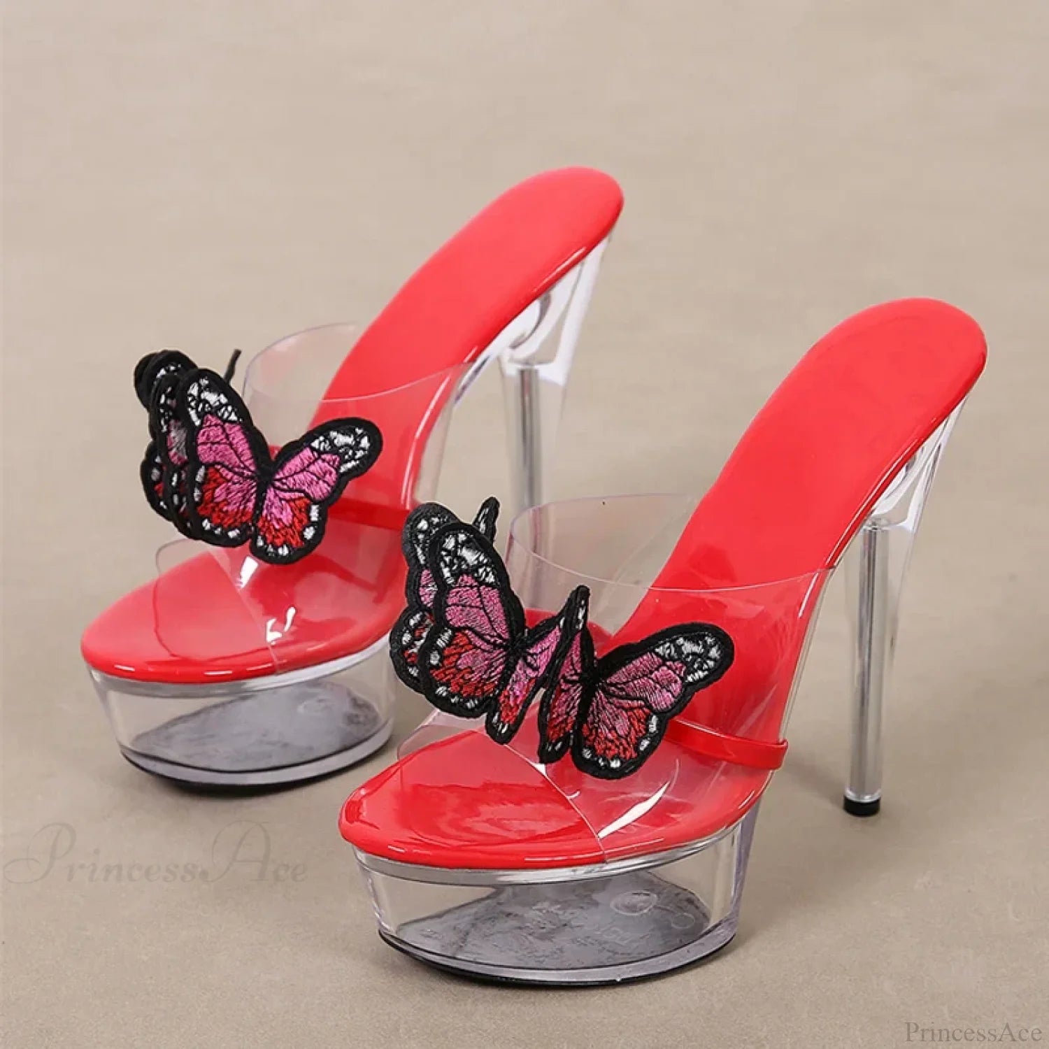 High-Quality Handworked Embroidered Butterfly Modern Transparent Platform Sexy Stripper Stylish