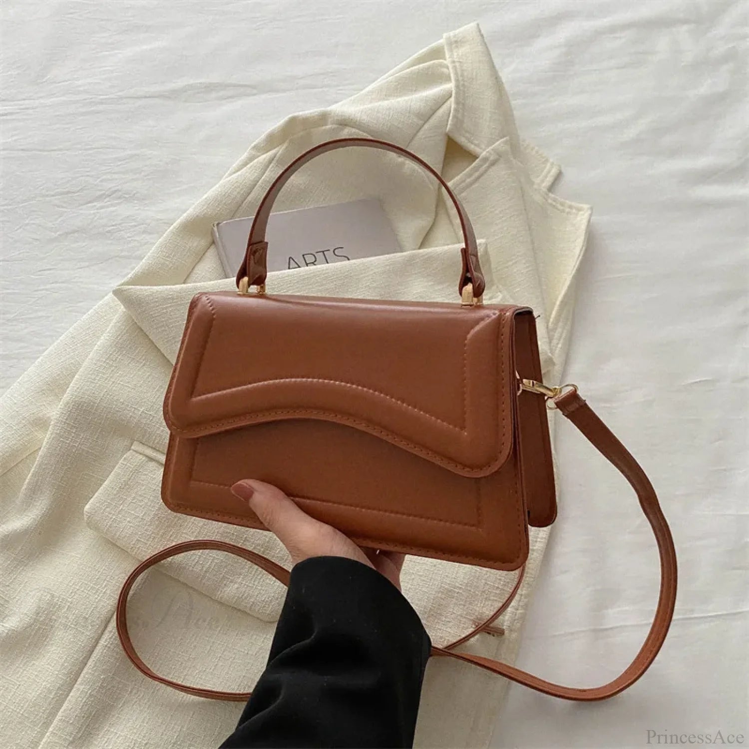 High-Quality PU Leather Solid Color Crossbody Handbag Brown handbag-250126
