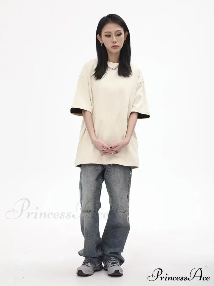 High Street Fashion Brand Made Old Wash Zipper Pocket Woodcut Vintage Loose Straight Leg Jean