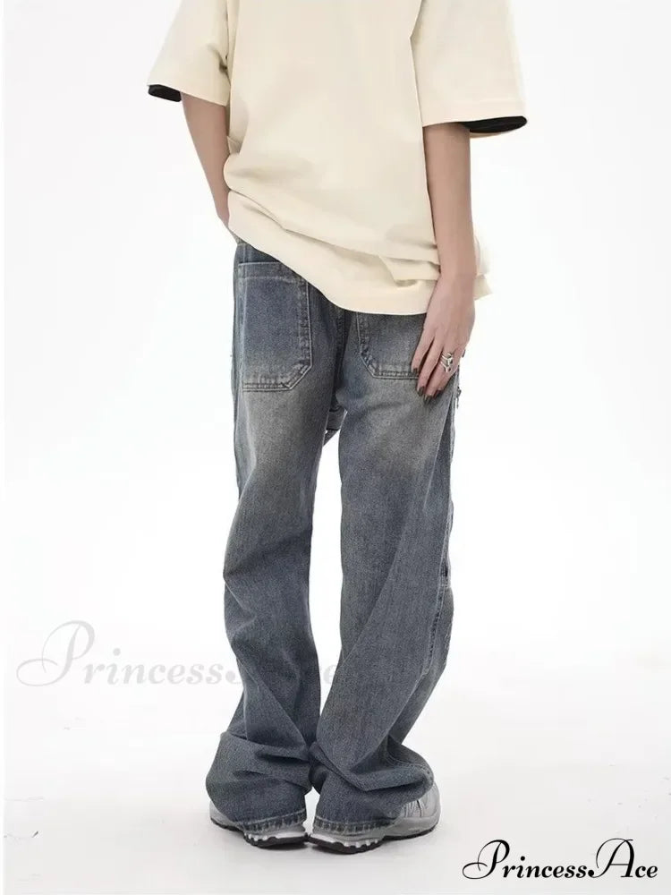 High Street Fashion Brand Made Old Wash Zipper Pocket Woodcut Vintage Loose Straight Leg Jean