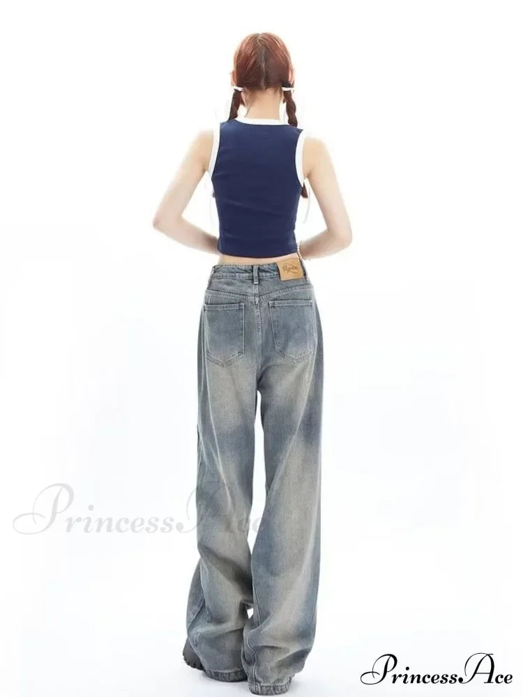 High Street Niche Design Wide Leg Washed For Men And Women Straight Tube Loose Fitting Retro Pants