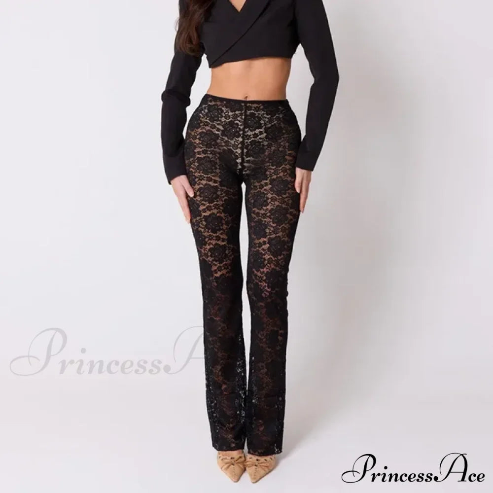 High Waist Stylish Sheer Lace Pants Ankle Length