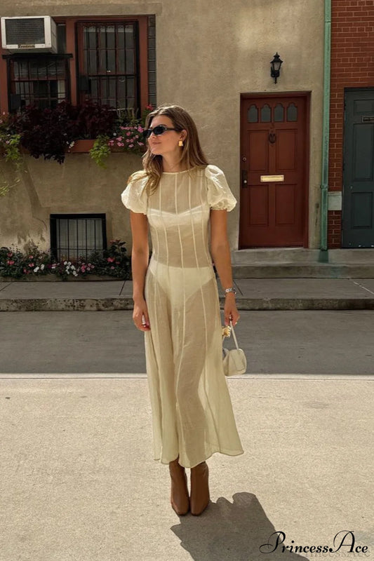 High Waisted Sheer Puff Sleeve Sleek Maxi Dress