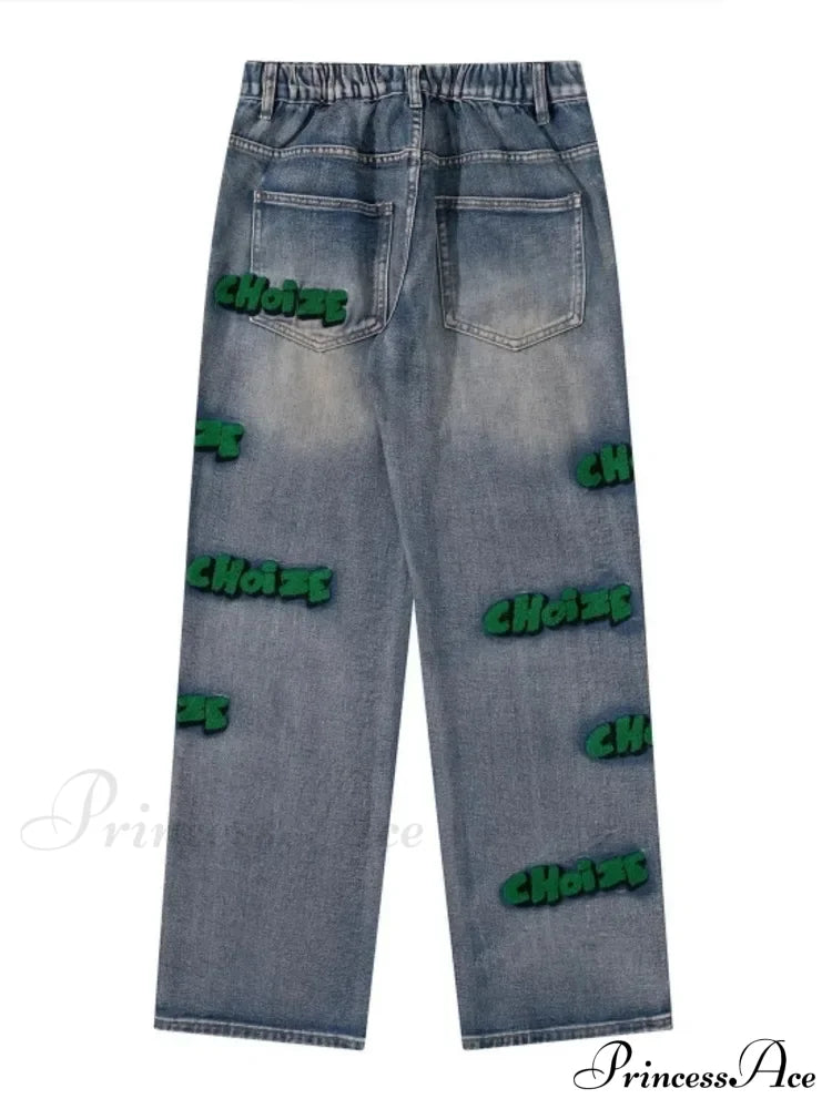Hiphop Flocking Autumn Wide-Leg Embroidery Fashion High Street Style Pants Jean