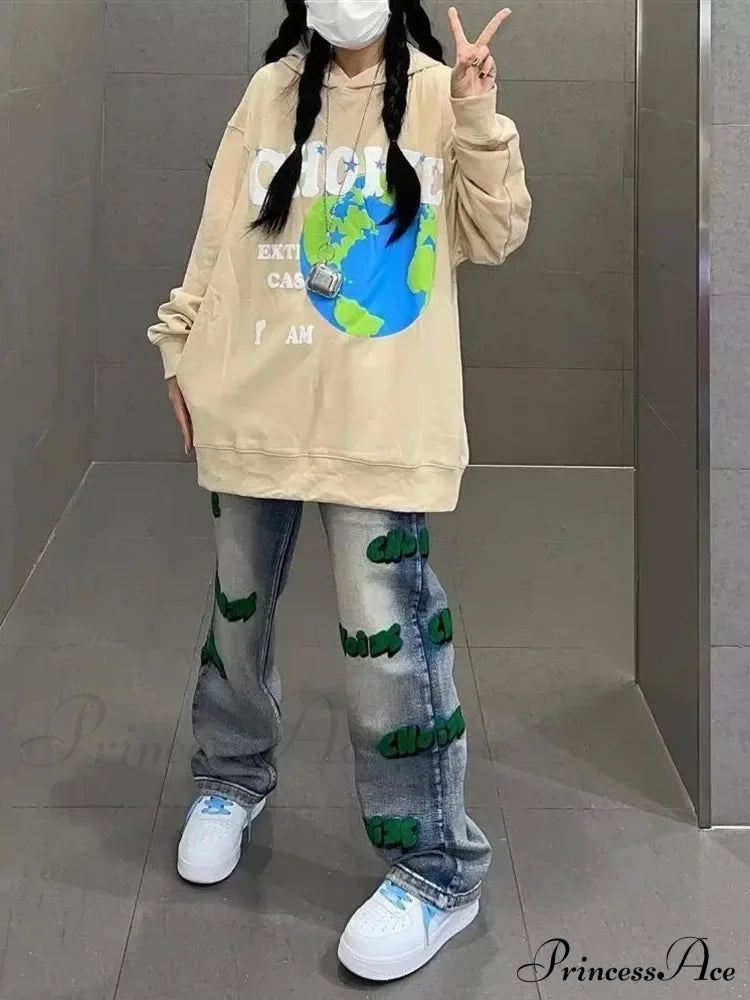 Hiphop Flocking Autumn Wide-Leg Embroidery Fashion High Street Style Pants Jean