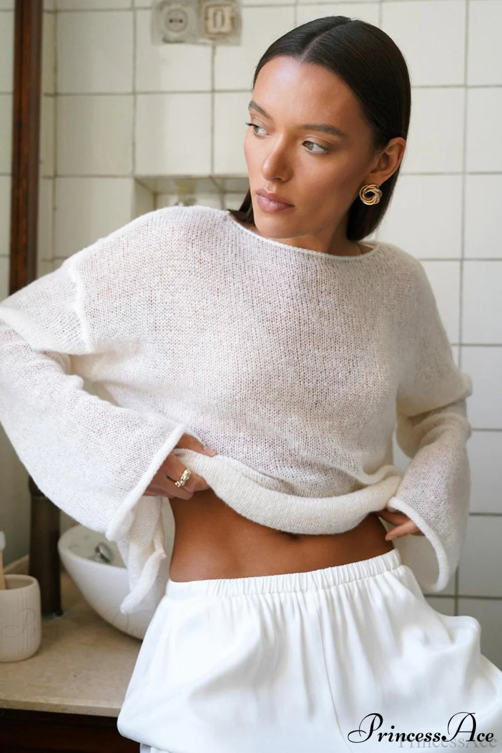 Hollow Out Bell Sleeve Knit Sweater