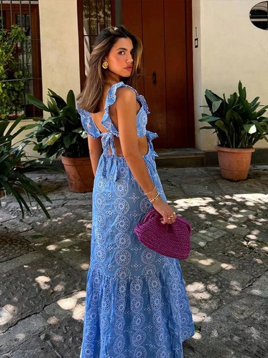 Hollow Out Embroidery Backless Ruffle Maxi Dress floraldress-250126