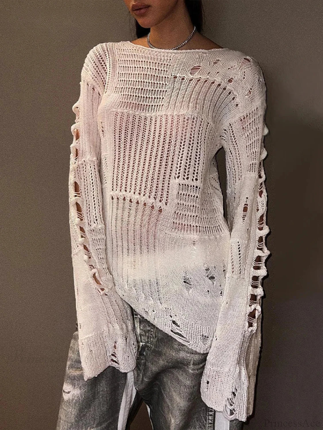 Hollow Out Loose O-Neck Long Sleeve Knitted Pullover Sweater WHITE / S knittop-250126