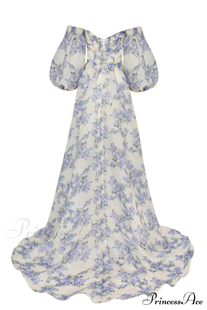 Hydrangea Elegant Floral Charming Puff Sleeve Maxi Dress